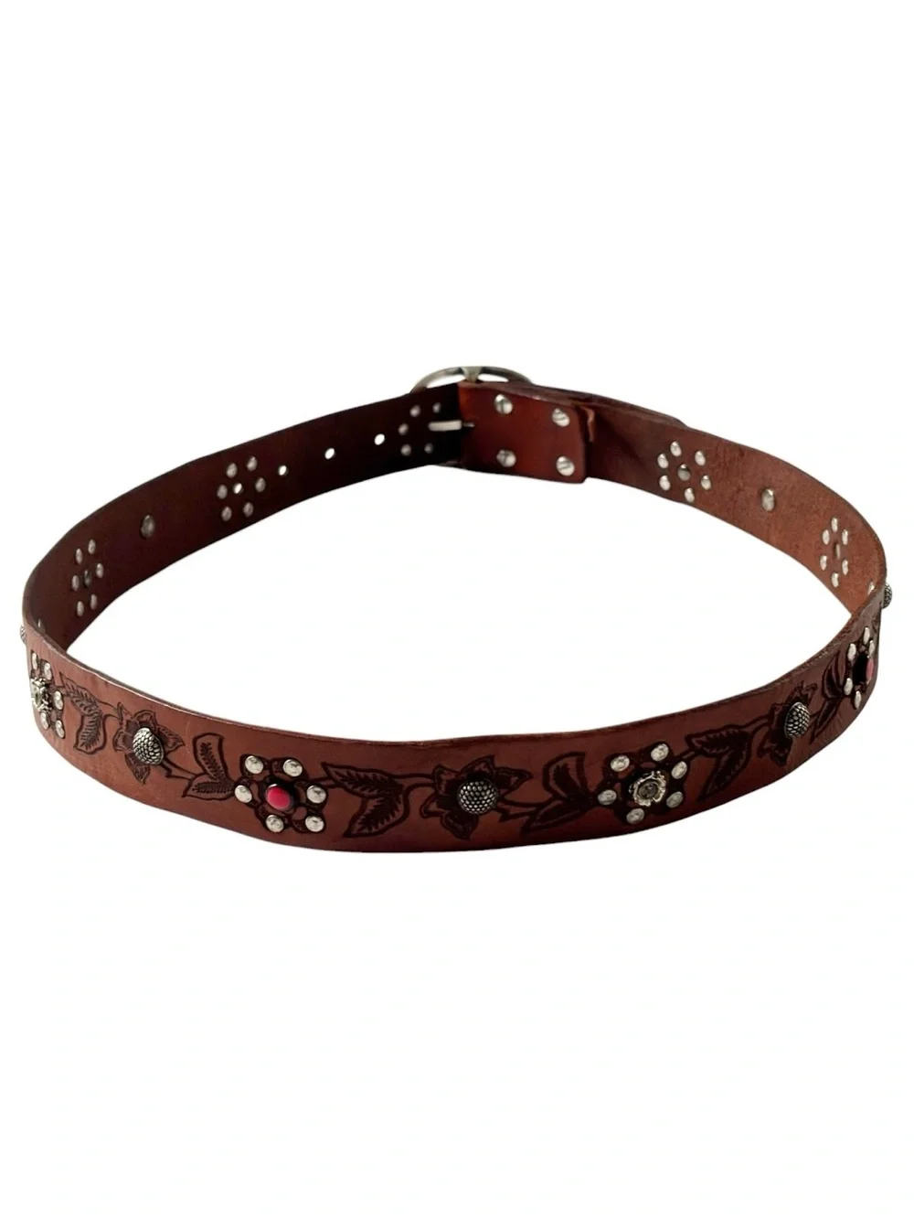 Campomaggi Iperico Cognac-coloured leather belt w/ metallic studs floral motif